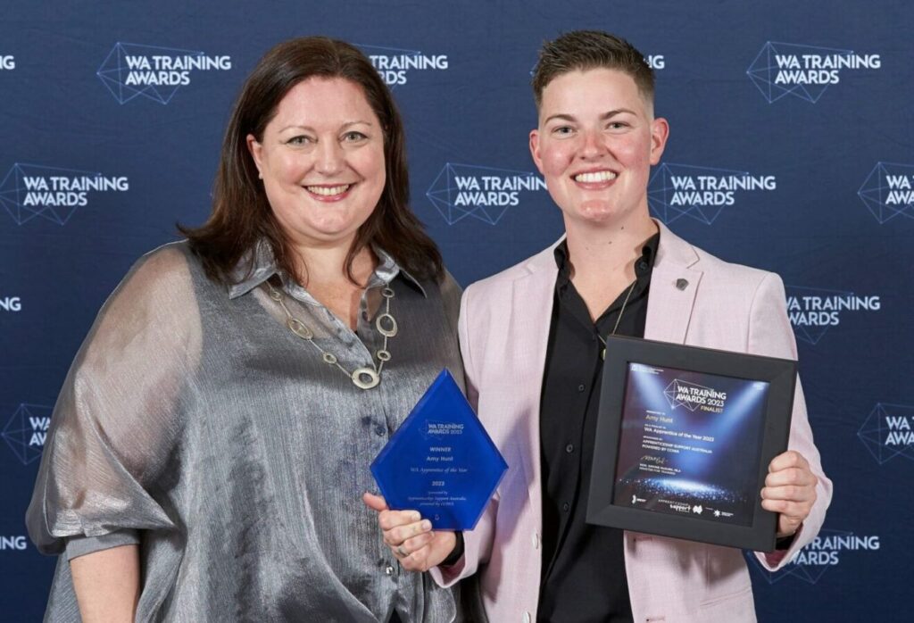 Apprentice of the Year Amy Hunt (right) at the 2023 WA Training Awards presentation ceremony.