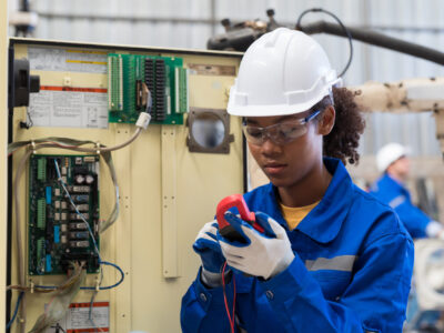 Female electrician worker checking, repair, maintenance operation electric system in the factory. Woman electrician engineer working with operation electric system at production line