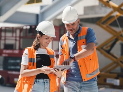 Civil Engineers Checking Works According To Project Using Digital Tablet At Construction Site Civil Engineers Checking Works According To Project Using Digital Tablet At Construction Site
